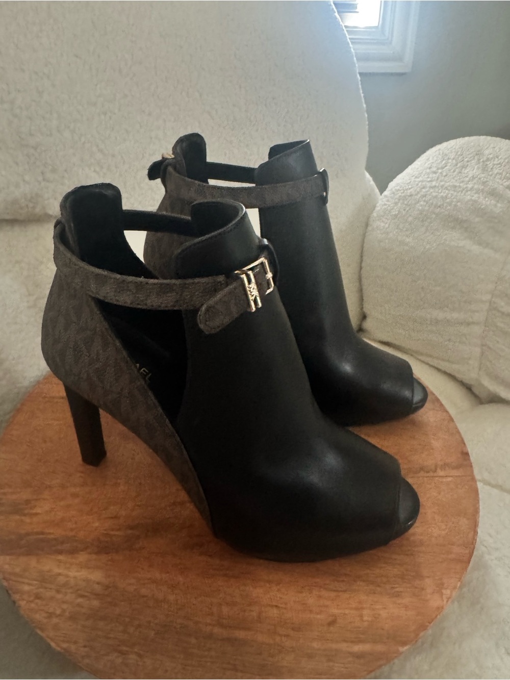 Women's Black and Brown Peep-Toe Ankle Booties with Ankle Strap Micheal Kors